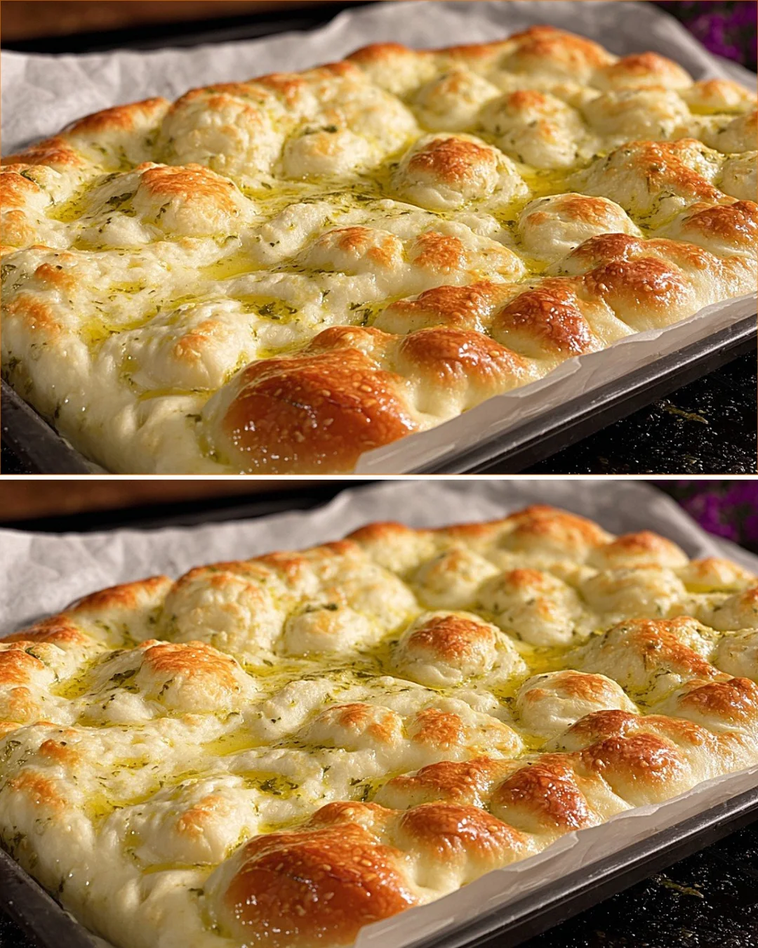 Freshly baked focaccia bread topped with herbs and olive oil