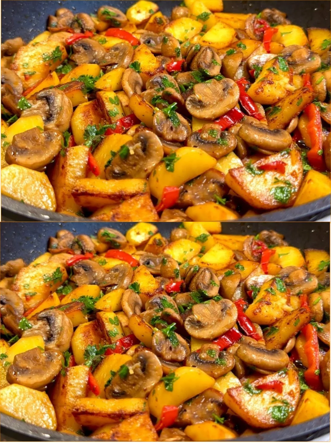 Fried mushrooms and potatoes served as a tasty dish