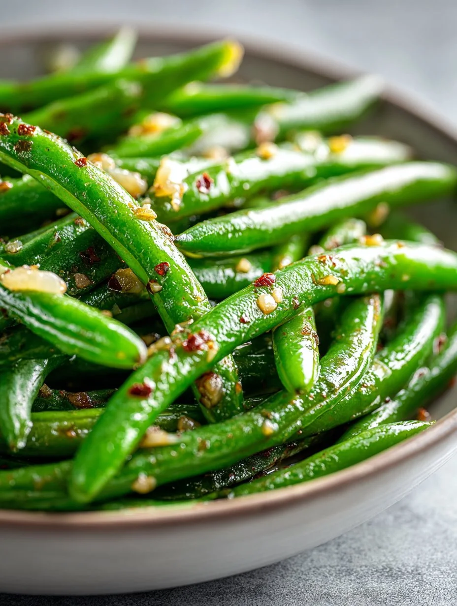 Delicious garlic butter green beans freshly cooked and served.