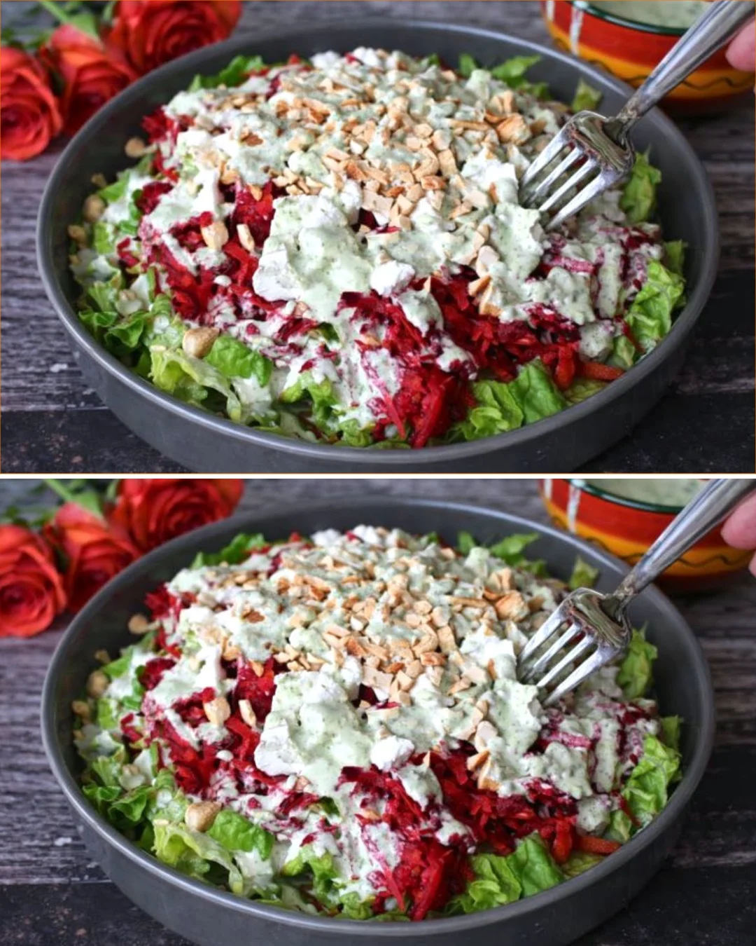 Healthy beetroot salad with apple and carrot served in a vibrant bowl