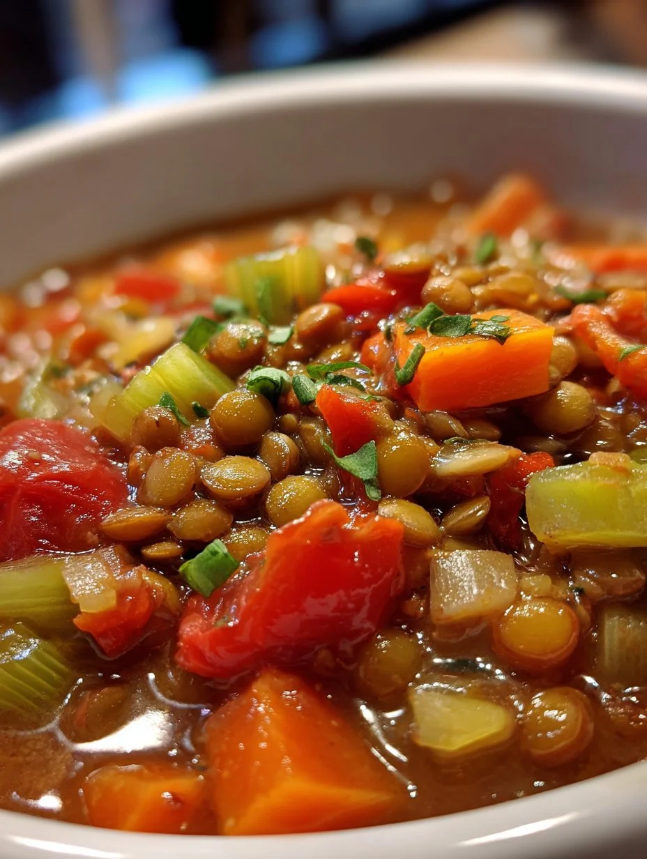 Bowl of hearty lentil and vegetable stew garnished with fresh herbs