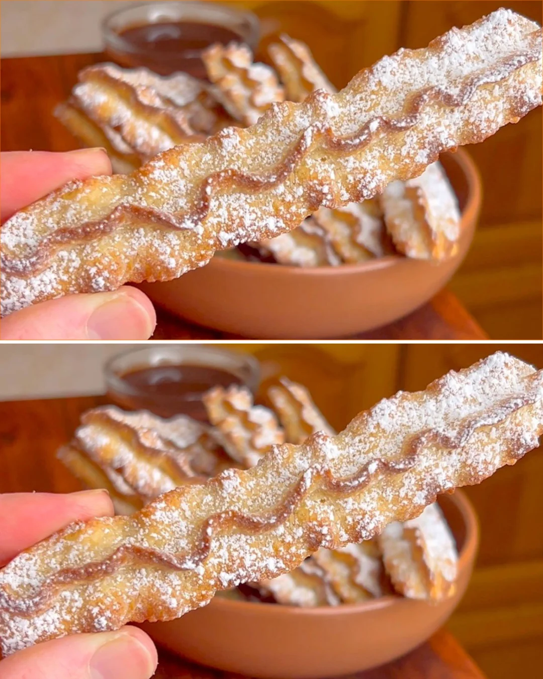 Homemade churros dusted with sugar and served with chocolate sauce.