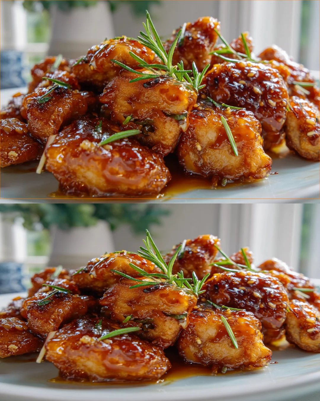 Honey Garlic Glazed Chicken Bites served with garnish