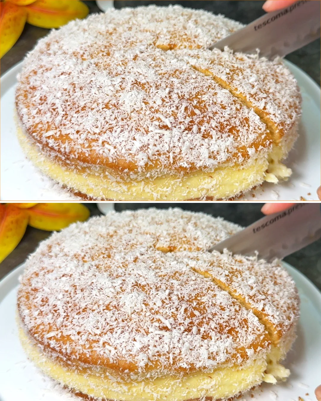 Sliced Italian Lemon Cake with lemon garnish on a white plate