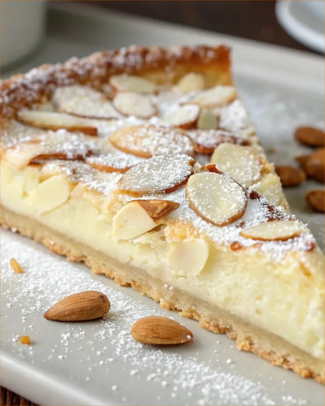 Delicious Italian Ricotta Almond Tart topped with almonds and a golden crust