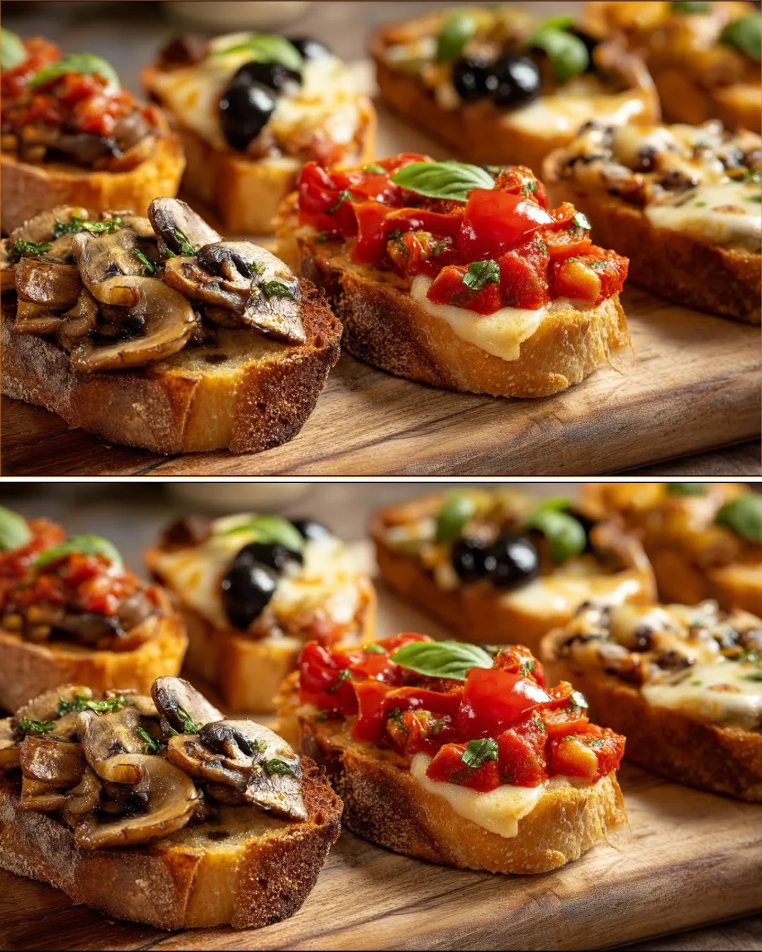 Italian-style mixed bruschetta with mushrooms, cheese, and tomatoes