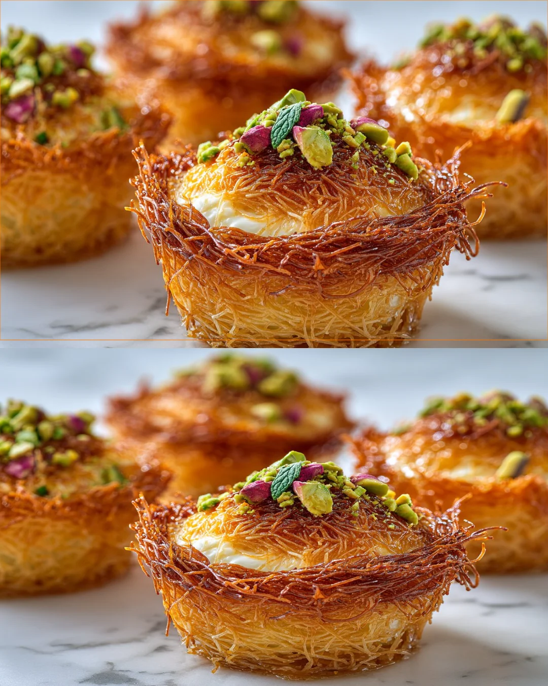Delicious kunafa cream dessert cups topped with nuts and syrup