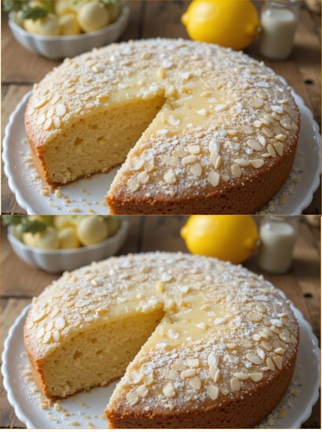 Slice of moist lemon almond cake topped with zest and almonds