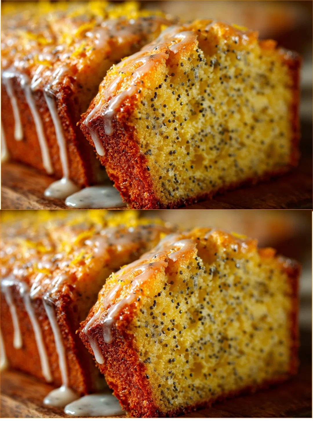 Slice of Lemon Poppy Seed Almond Cake on a plate with lemon slices.