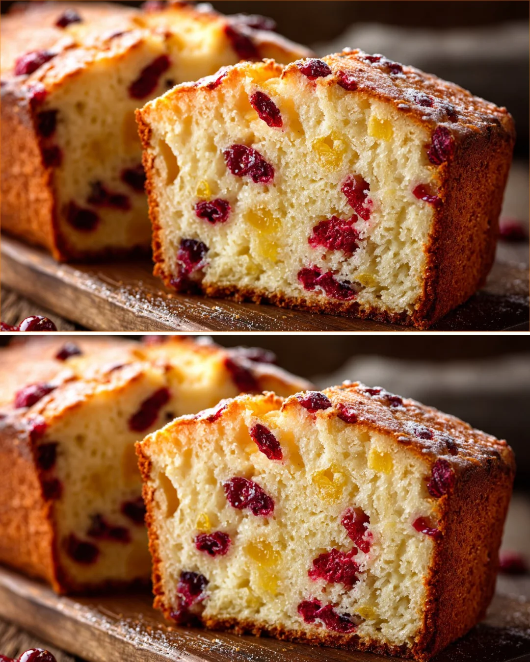 Freshly baked Lemon Yogurt Cranberry Loaf on a wooden table
