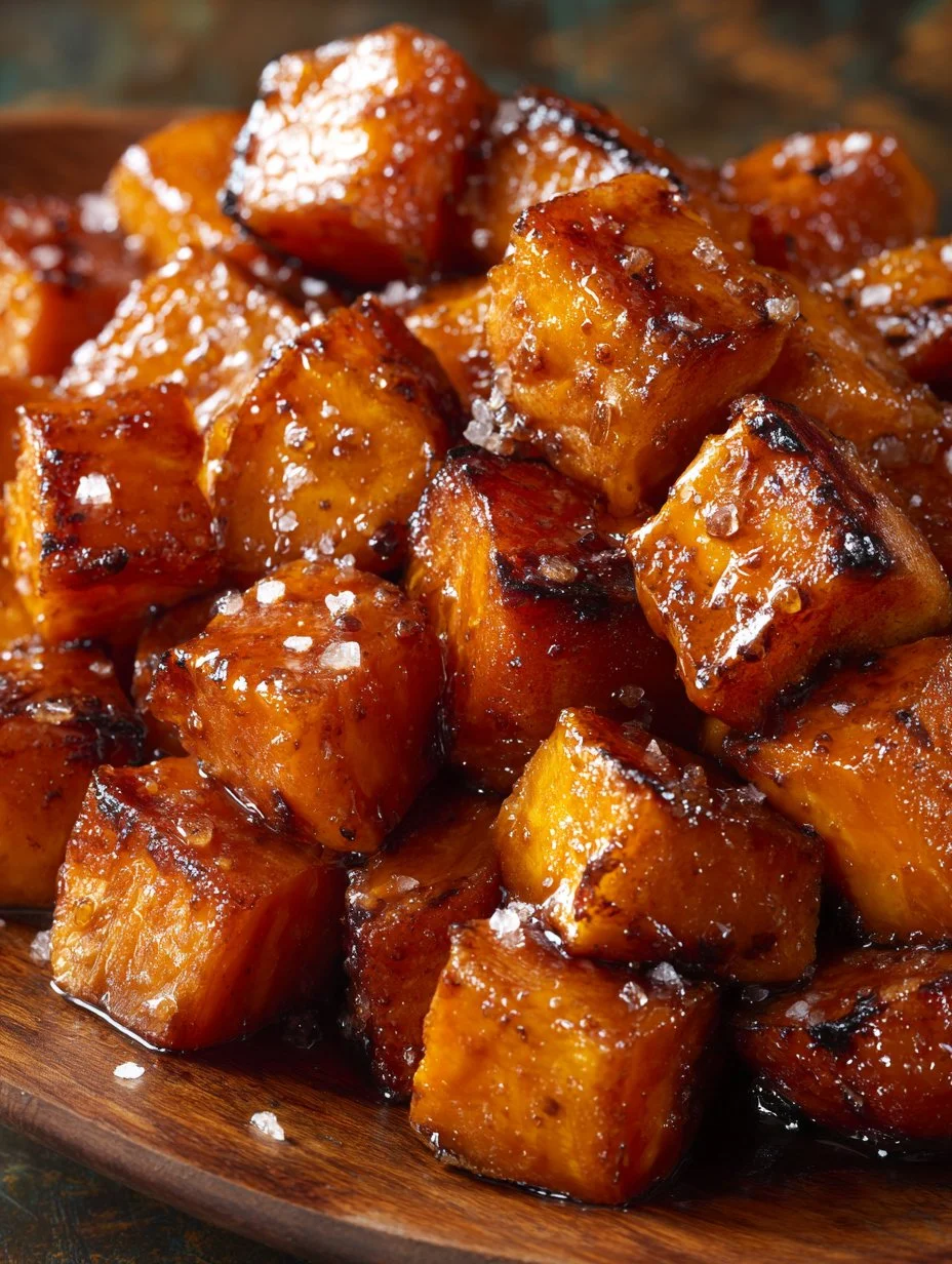 Deliciously glazed sweet potatoes drizzled with maple syrup