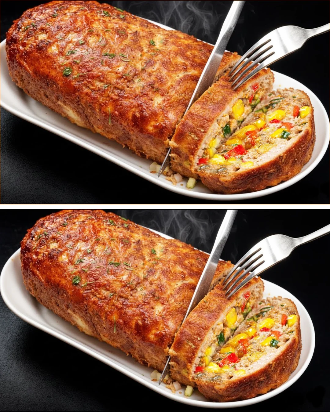 Delicious homemade meatloaf slice on a plate with ketchup glaze.