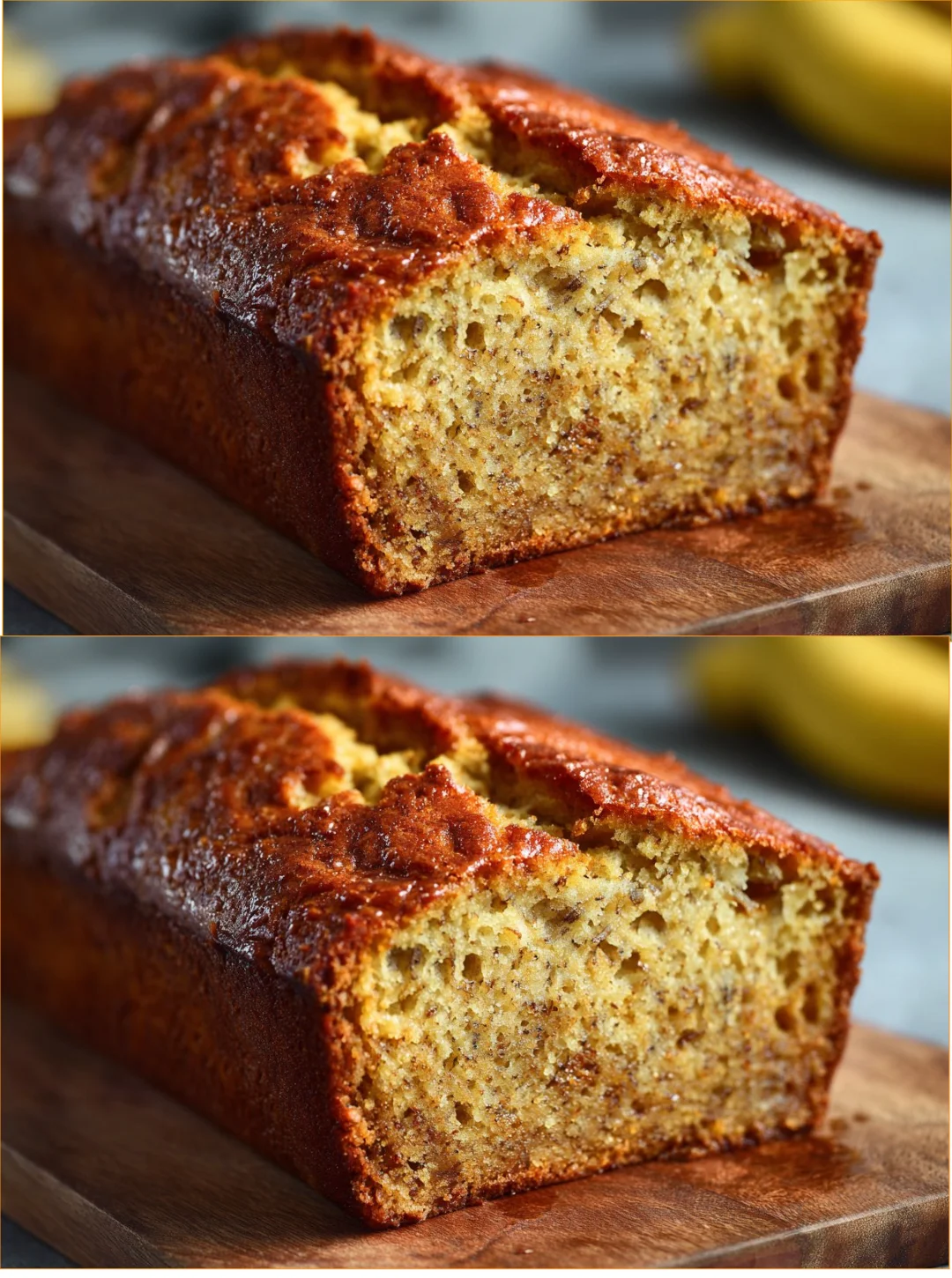 Slice of moist banana bread on a wooden table with bananas in the background