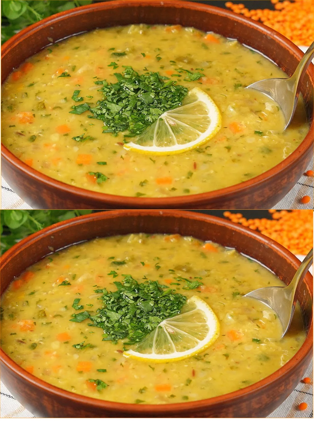 Bowl of my grandma's unique lentil soup, hearty and flavorful.