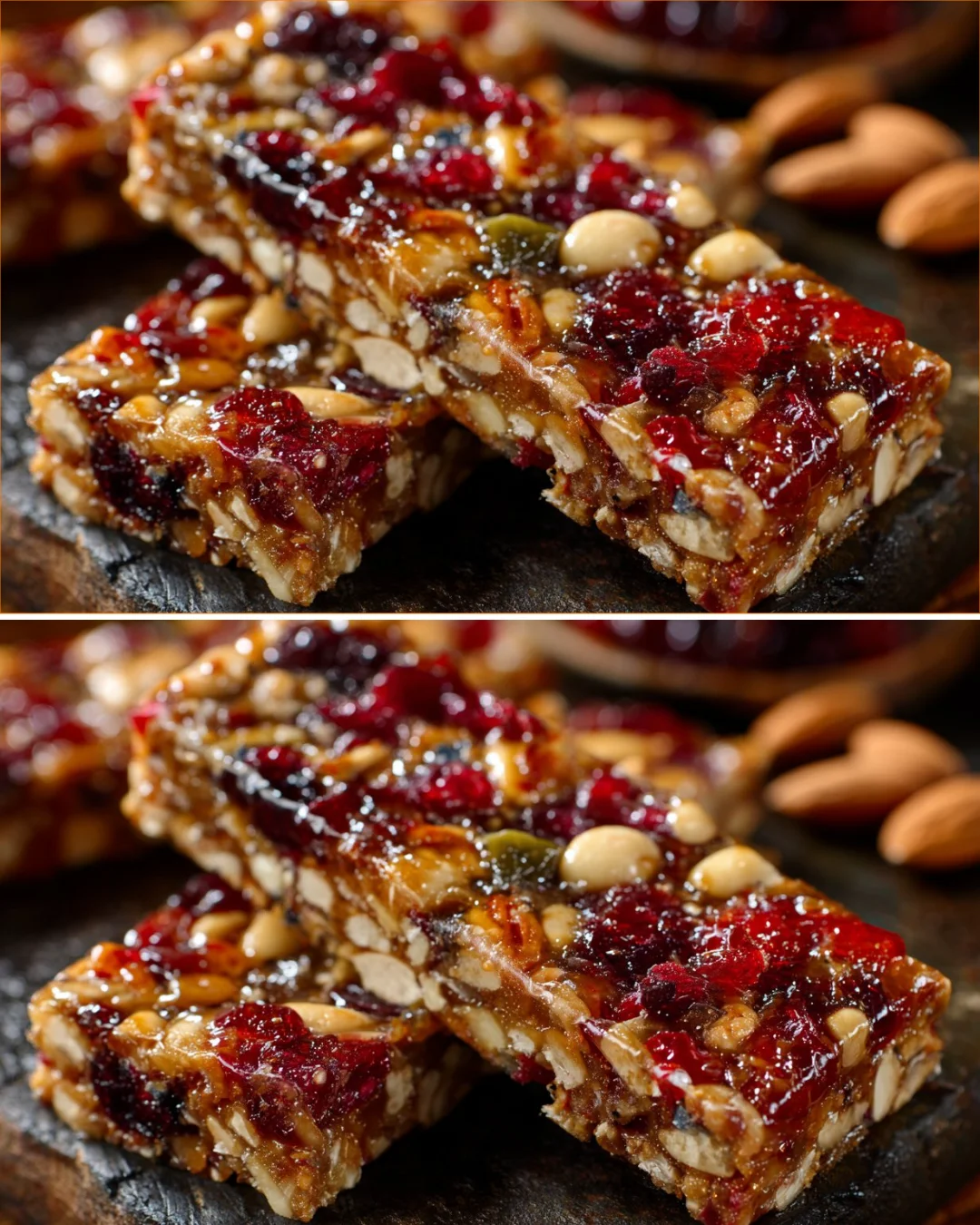 Homemade no-bake cranberry nut energy bars on a wooden table
