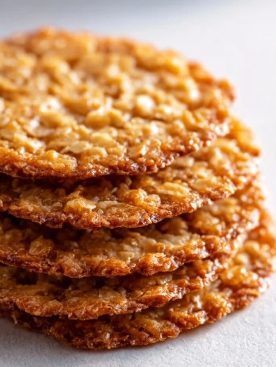 Delicious Oatmeal Lace Cookies on a plate, showcasing their thin, chewy texture.