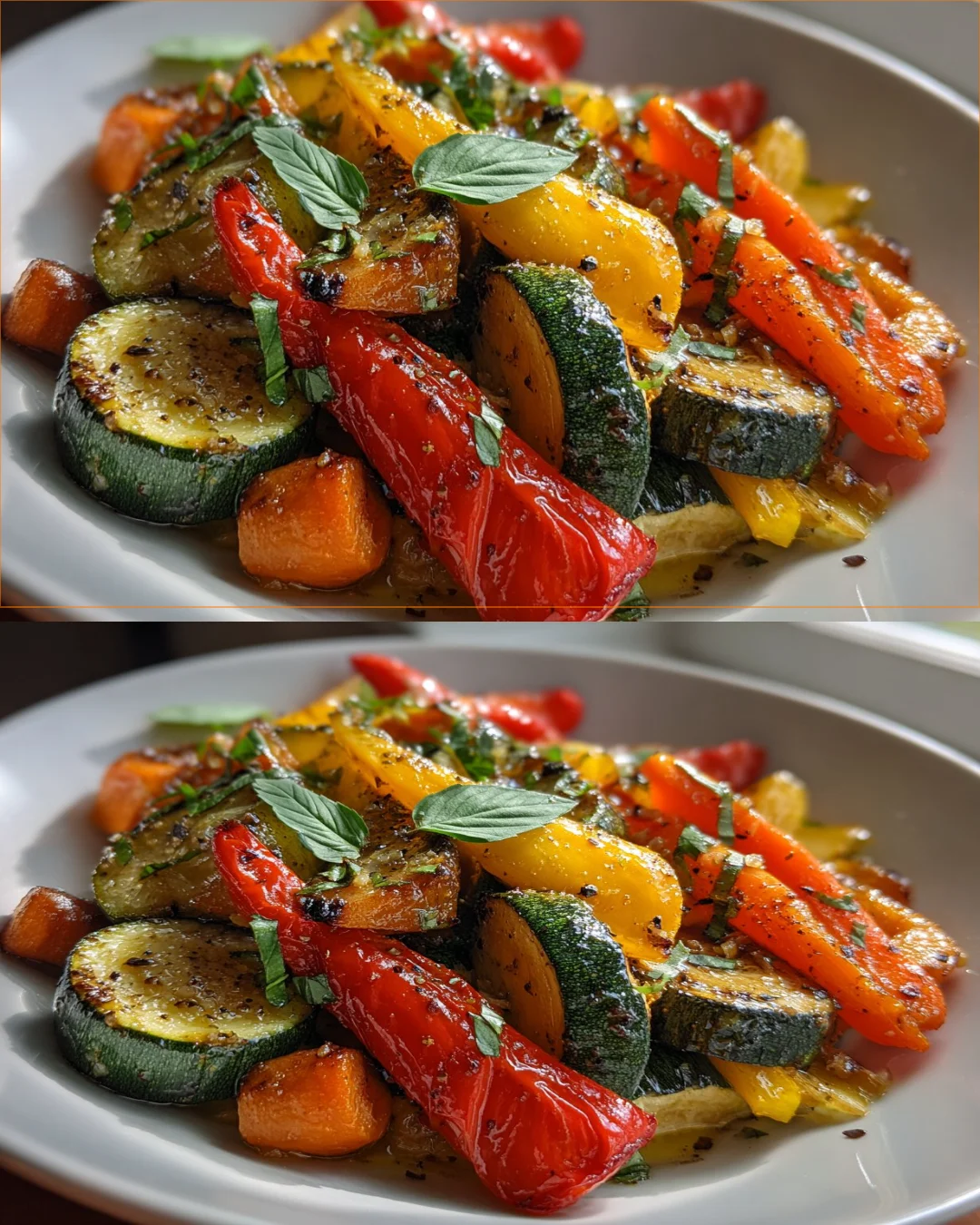 Colorful one-pan roasted vegetables with herbs ready to serve