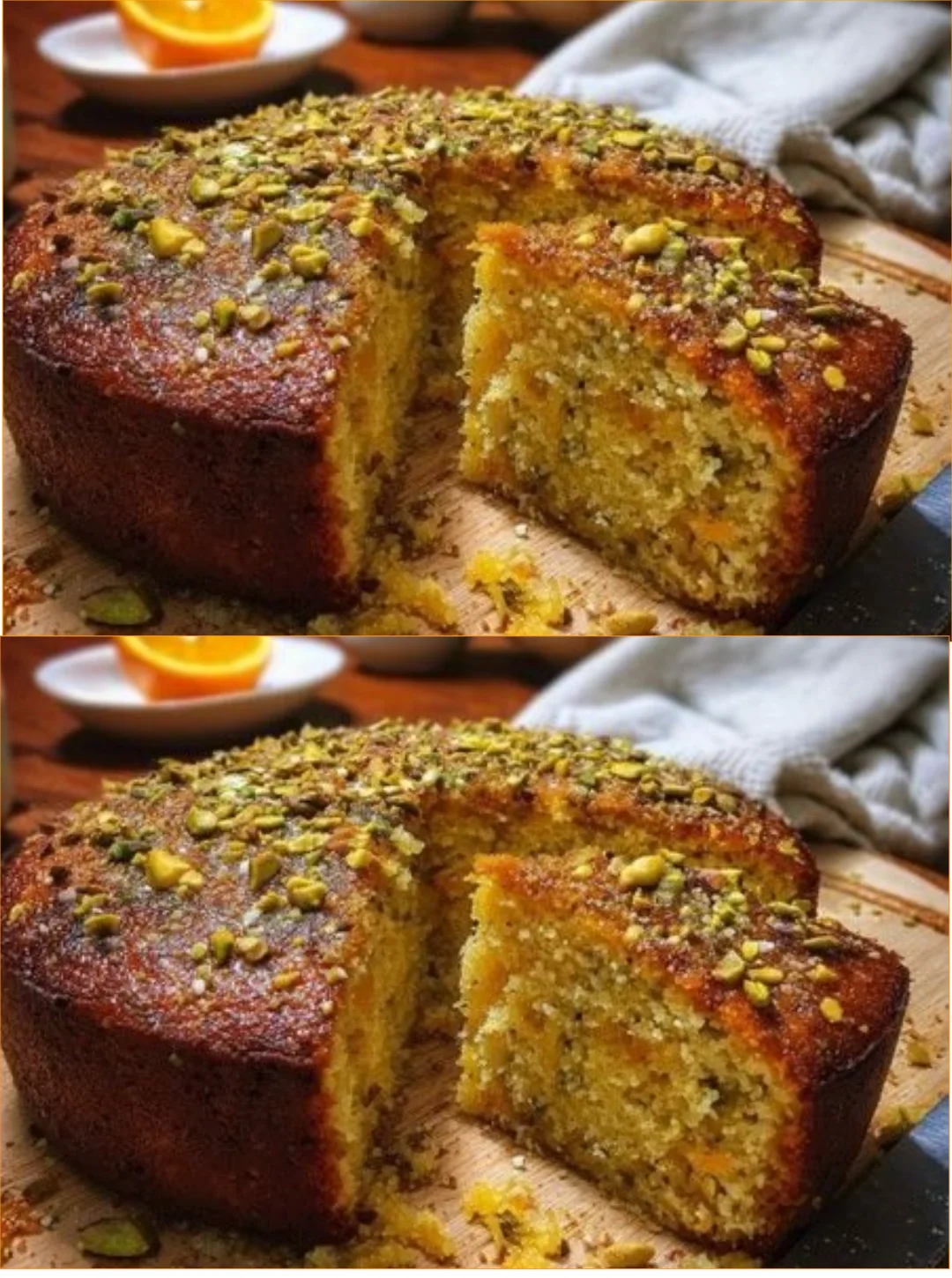 A delicious slice of Orange Cardamom Pistachio Cake topped with vibrant orange zest.