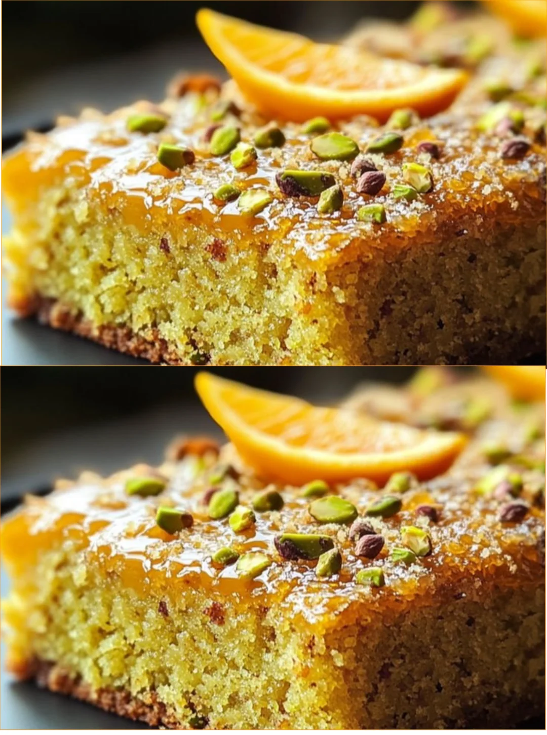 Sliced Orange Pistachio Almond Cake showcasing a vibrant citrus and nut flavor profile