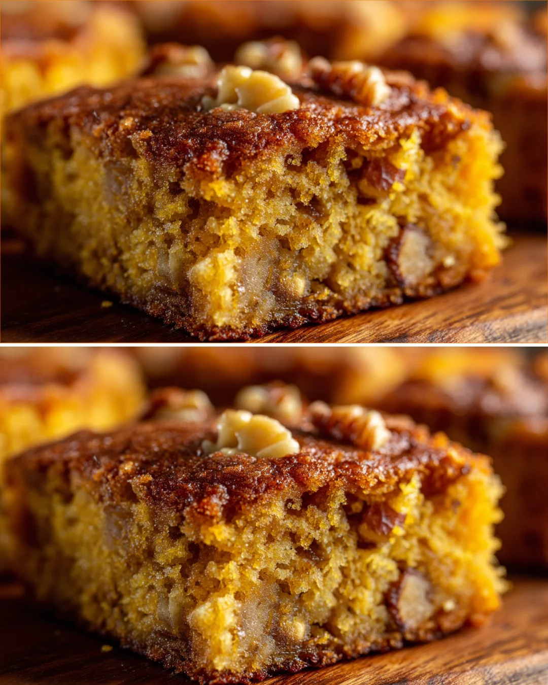 Slices of homemade Orange Walnut Snack Cake on a wooden table