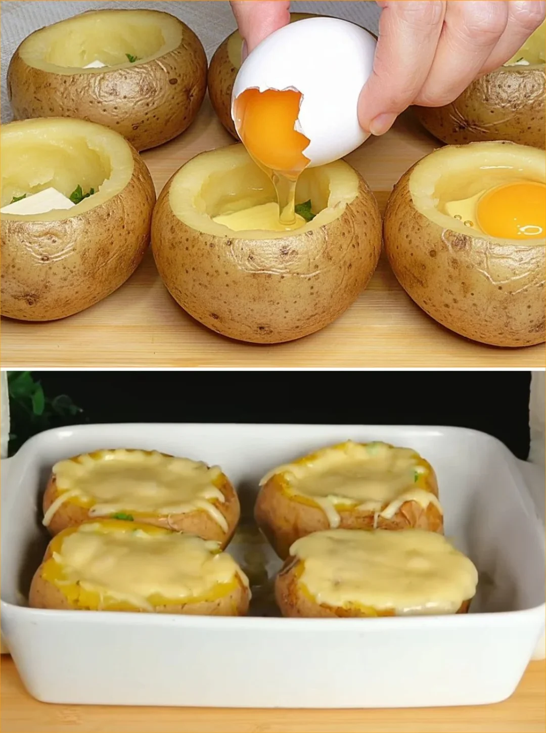 Oven-baked potatoes topped with a perfectly cooked egg for a hearty meal.