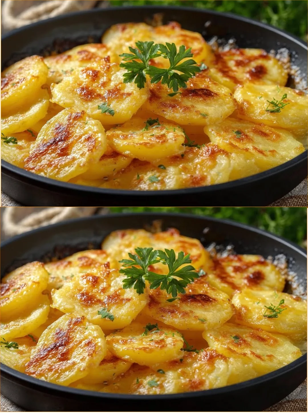 A plate of crispy pan-fried Savoyard potatoes garnished with fresh herbs.
