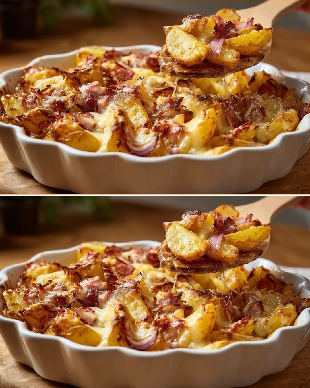 Peasant-style baked potatoes with onion, melted cheese, and crispy smoked beef