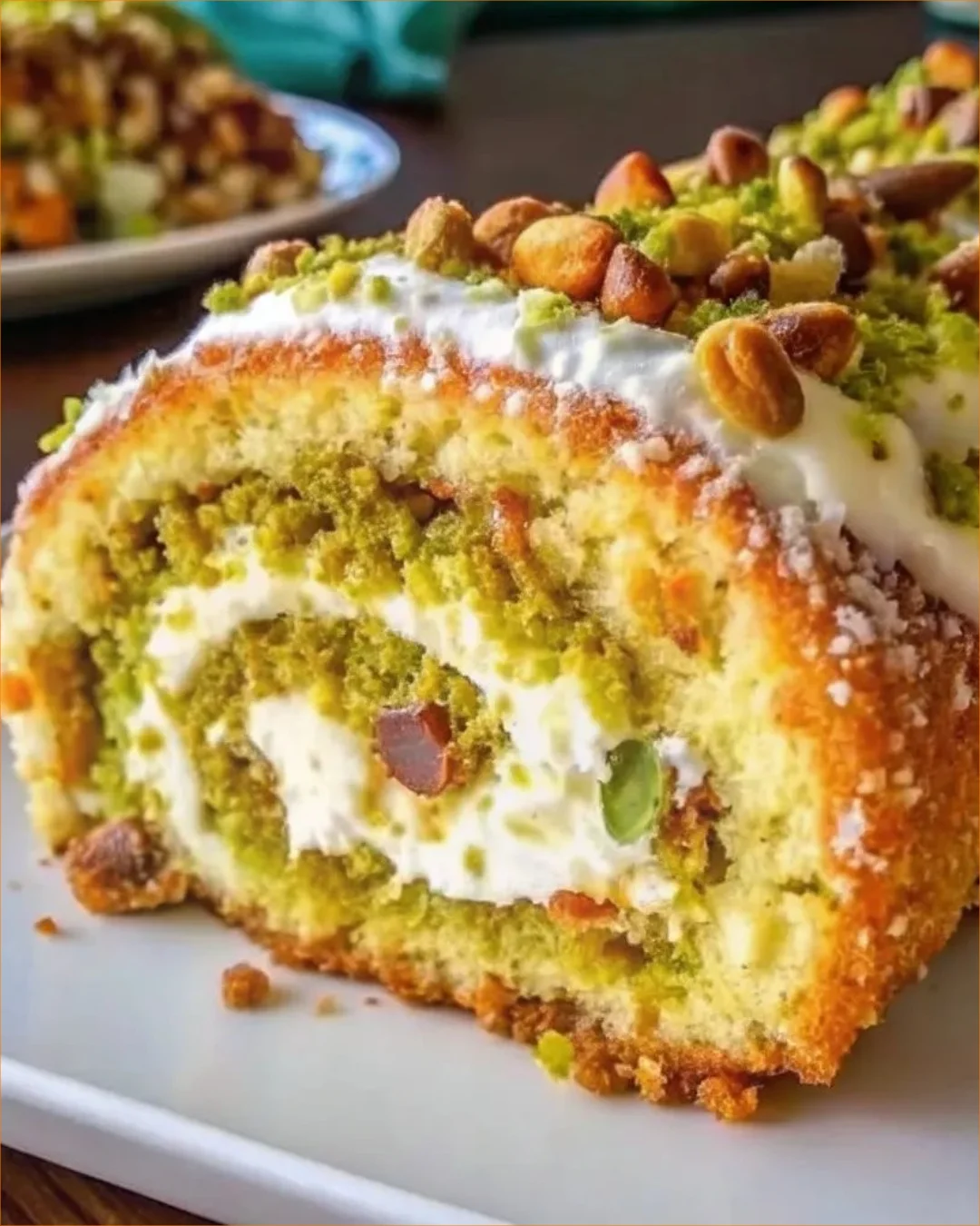 Pistachio Almond Swiss Roll dessert on a plate with a decorative garnish