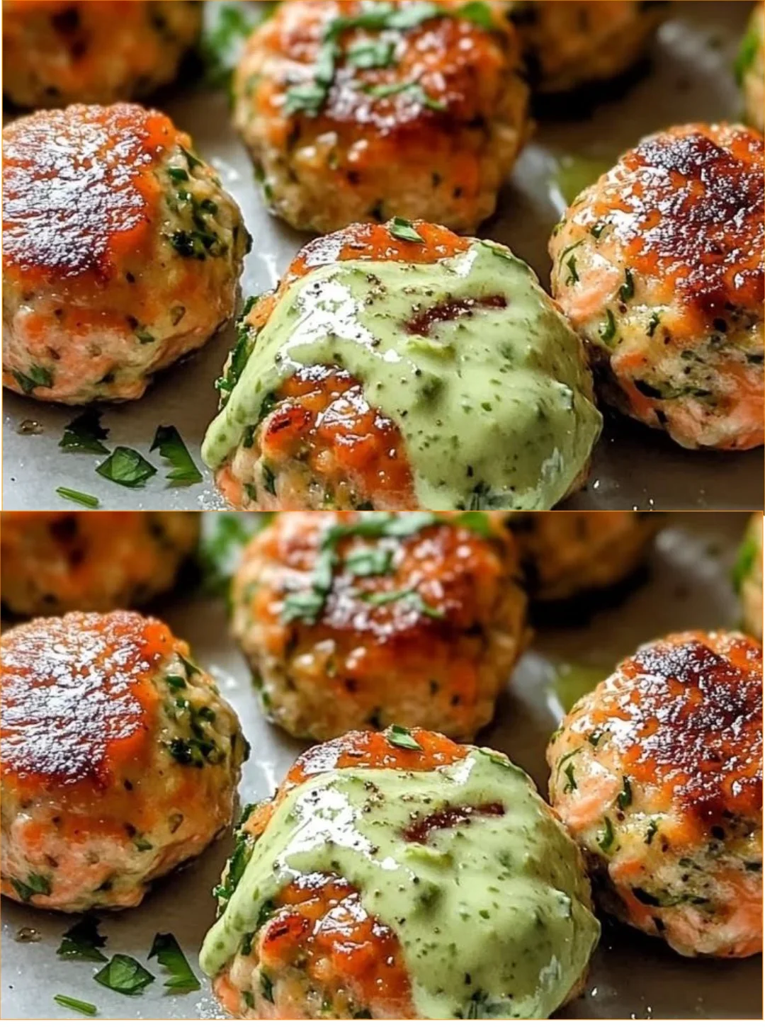 Salmon meatballs with creamy avocado dip on a plate