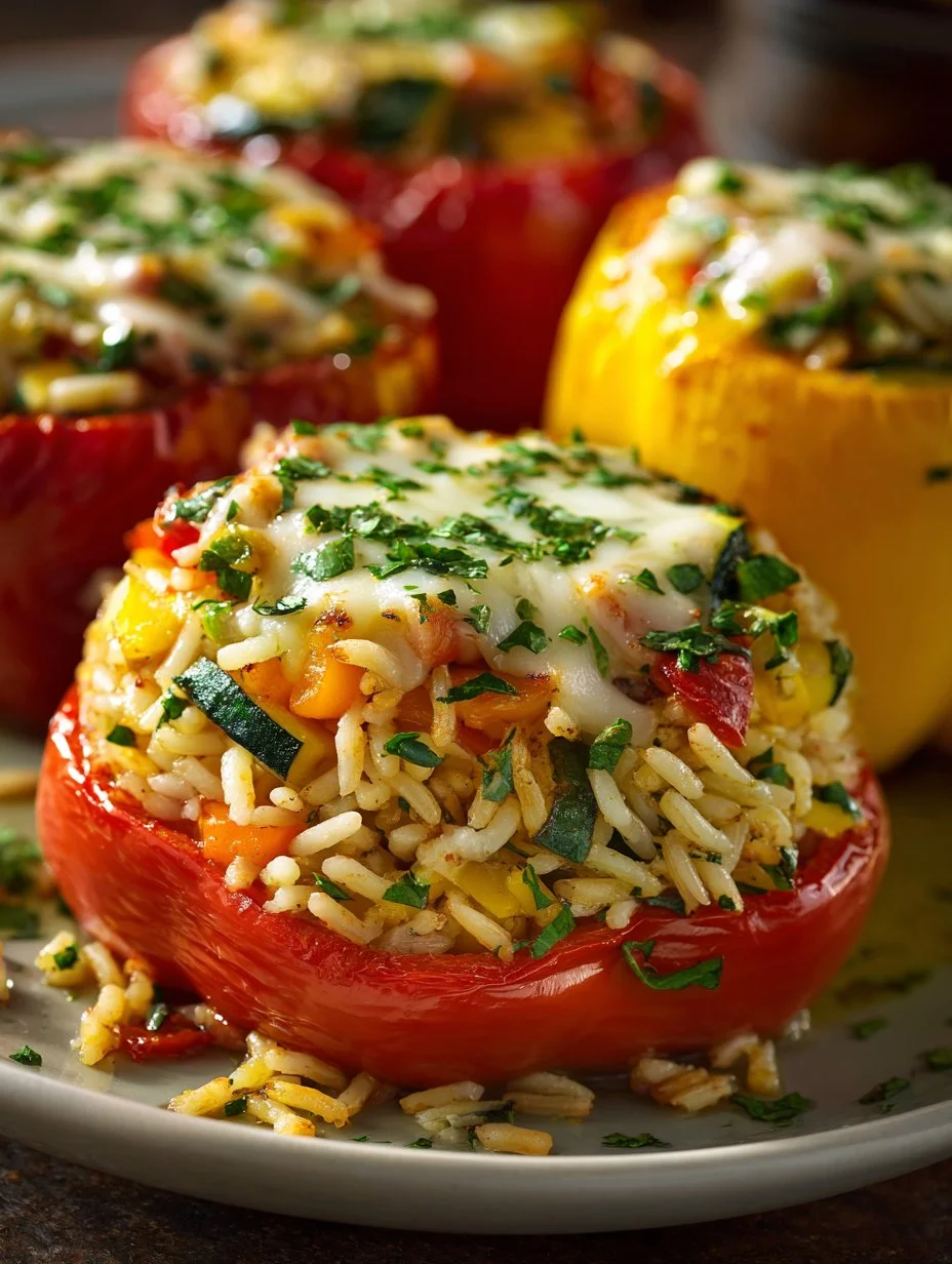 A plate of savoury stuffed peppers filled with seasoned rice and vegetables