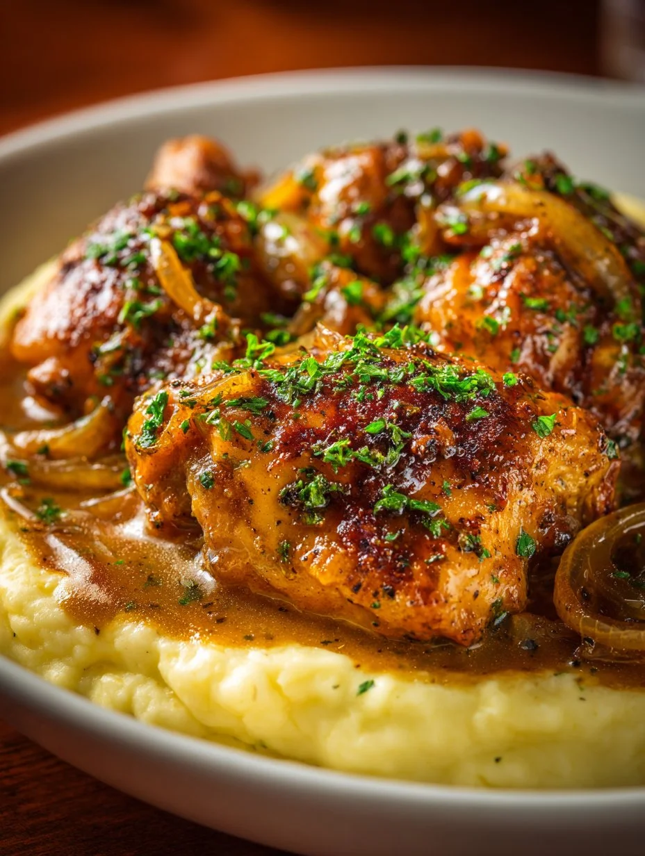 Slow cooker chicken and gravy served with mashed potatoes