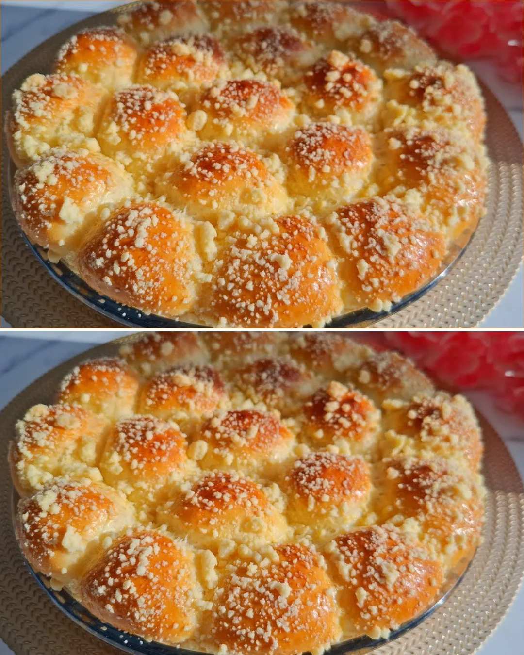 Soft yeast pie with sweet filling and crumb topping served on a plate