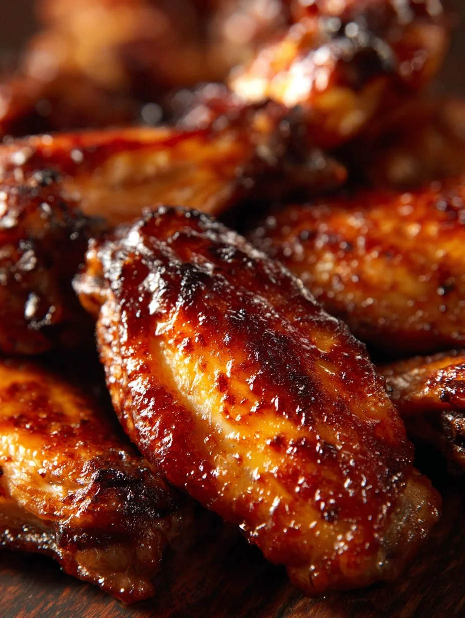 Sticky honey garlic chicken wings on a plate garnished with green onions.