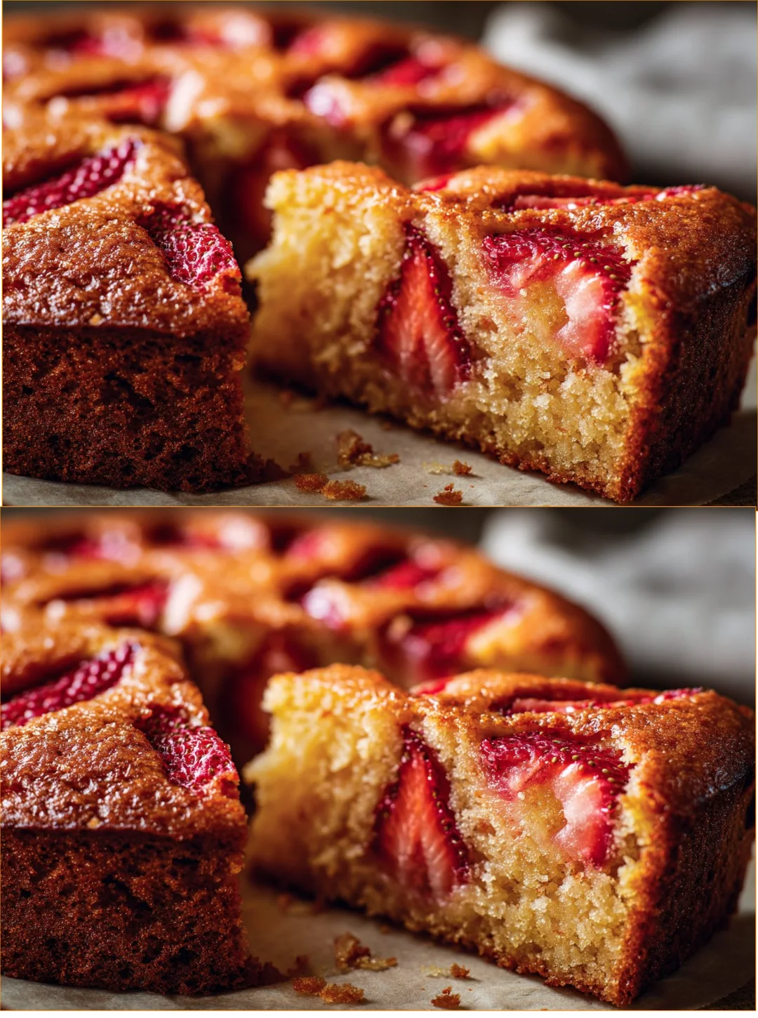 Delicious homemade Strawberry Almond Flour Cake topped with fresh strawberries.