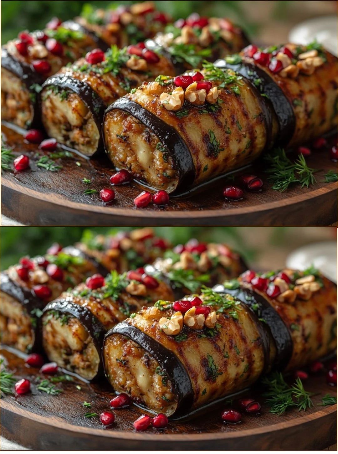 Delicious stuffed eggplant rolls garnished with herbs and spices