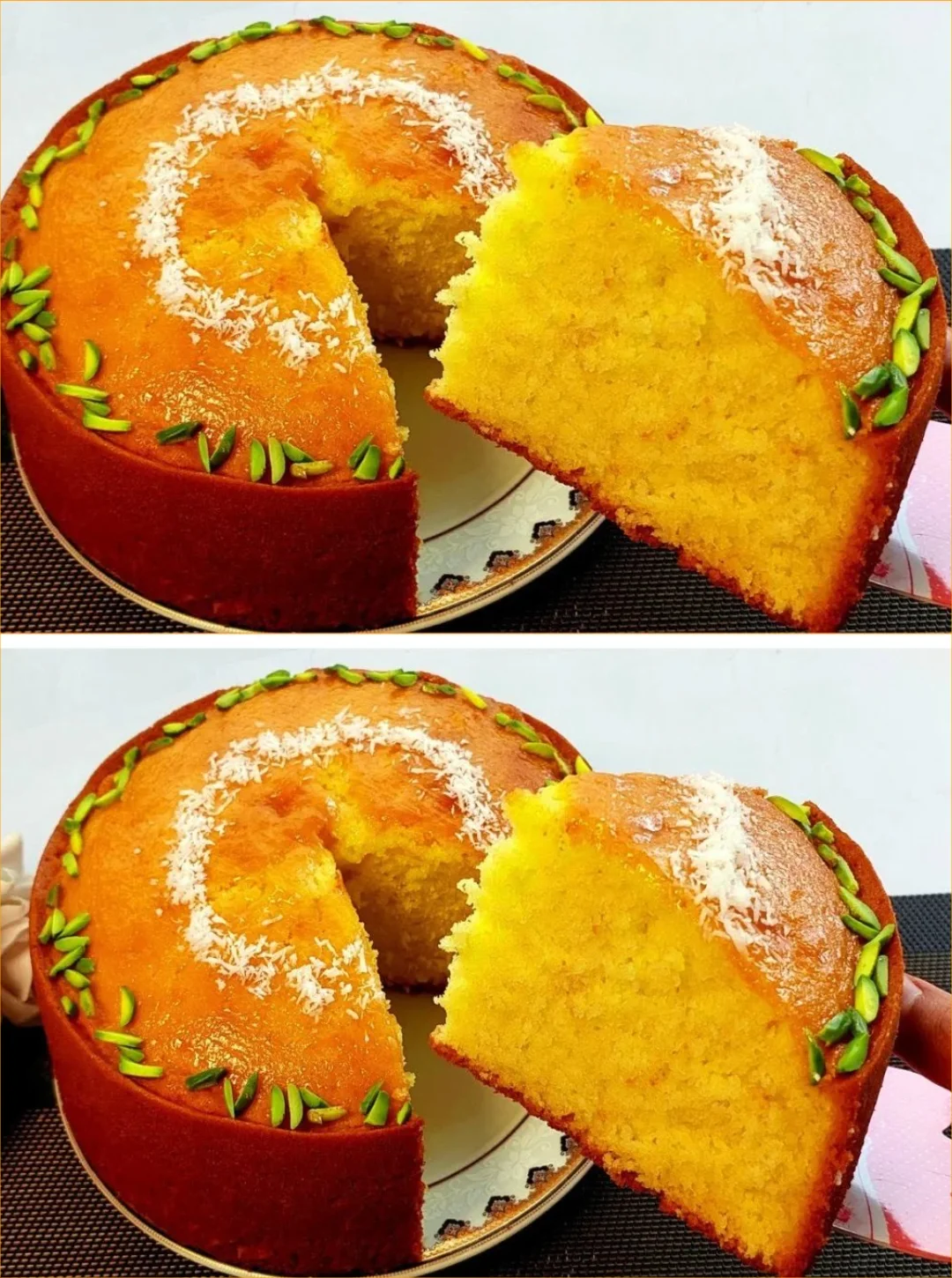A slice of the easiest and most delicious orange cake, topped with fresh oranges.
