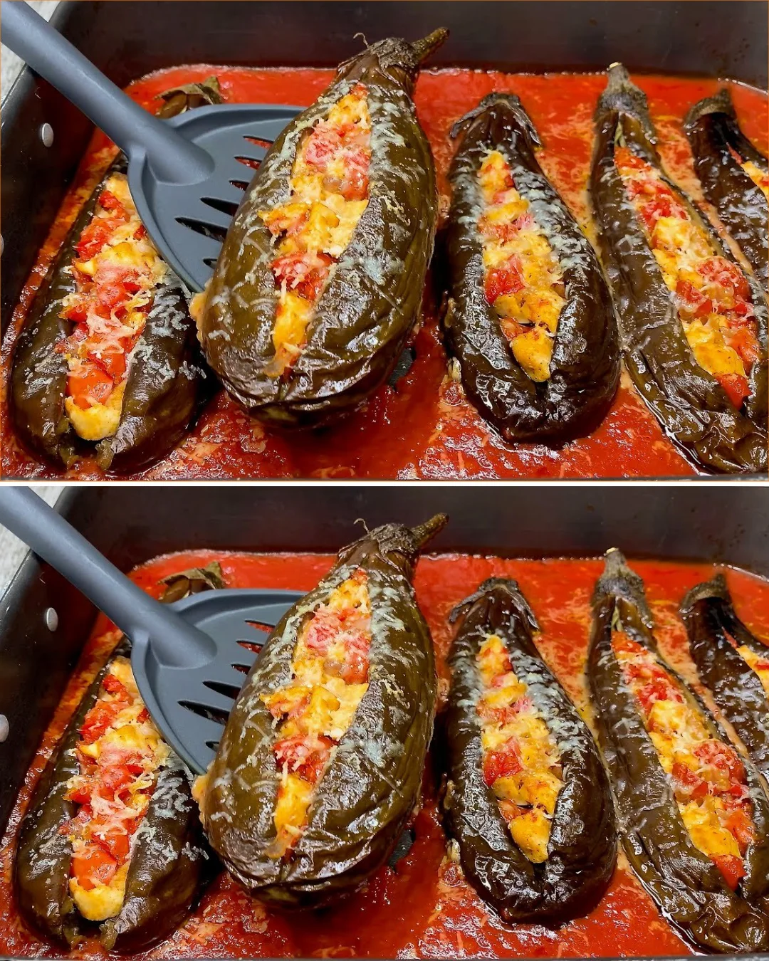 Turkish-style baked eggplant topped with chicken and rich tomato sauce