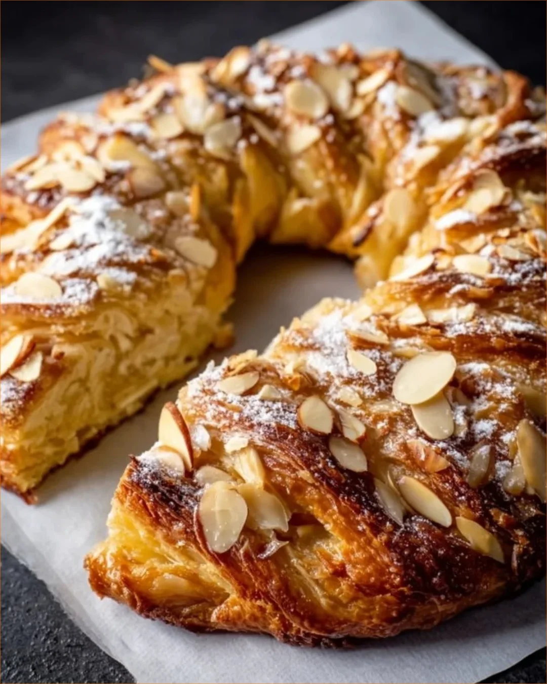 Delicious homemade almond kringle pastry topped with almonds.