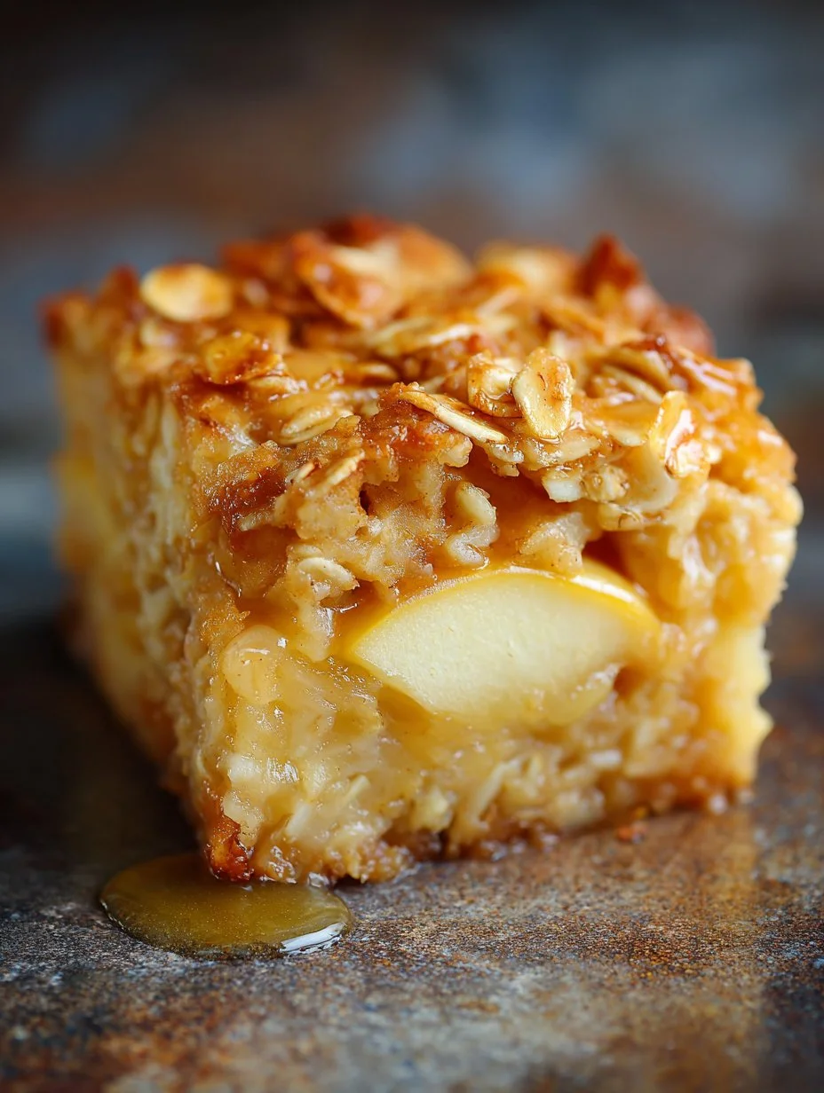 Warm apple oat breakfast bake with sliced apples and oats served in a bowl.