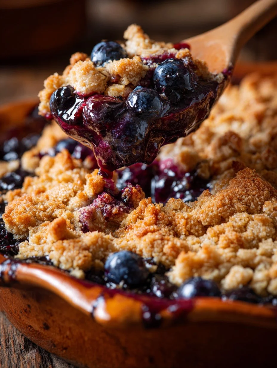 Warm blueberry crumble topped with crunchy oats and fresh blueberries