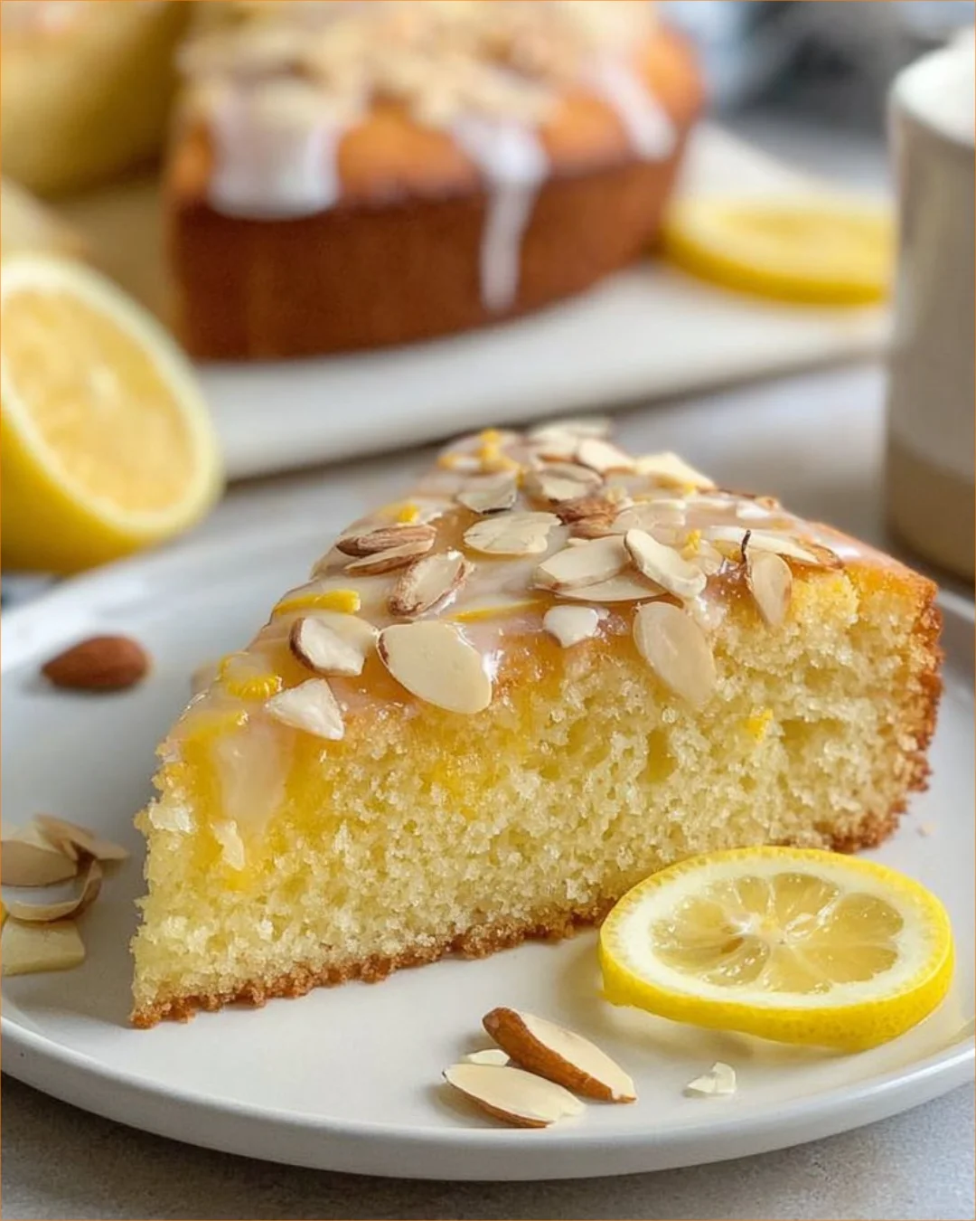 Zesty lemon yogurt cake made with almond flour, garnished with lemon slices