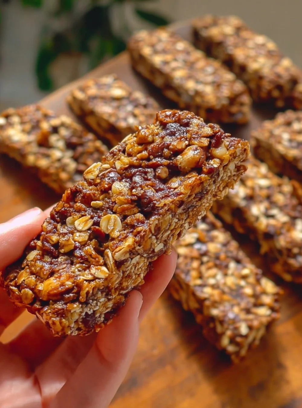Homemade 2-ingredient energy bars on a wooden cutting board.