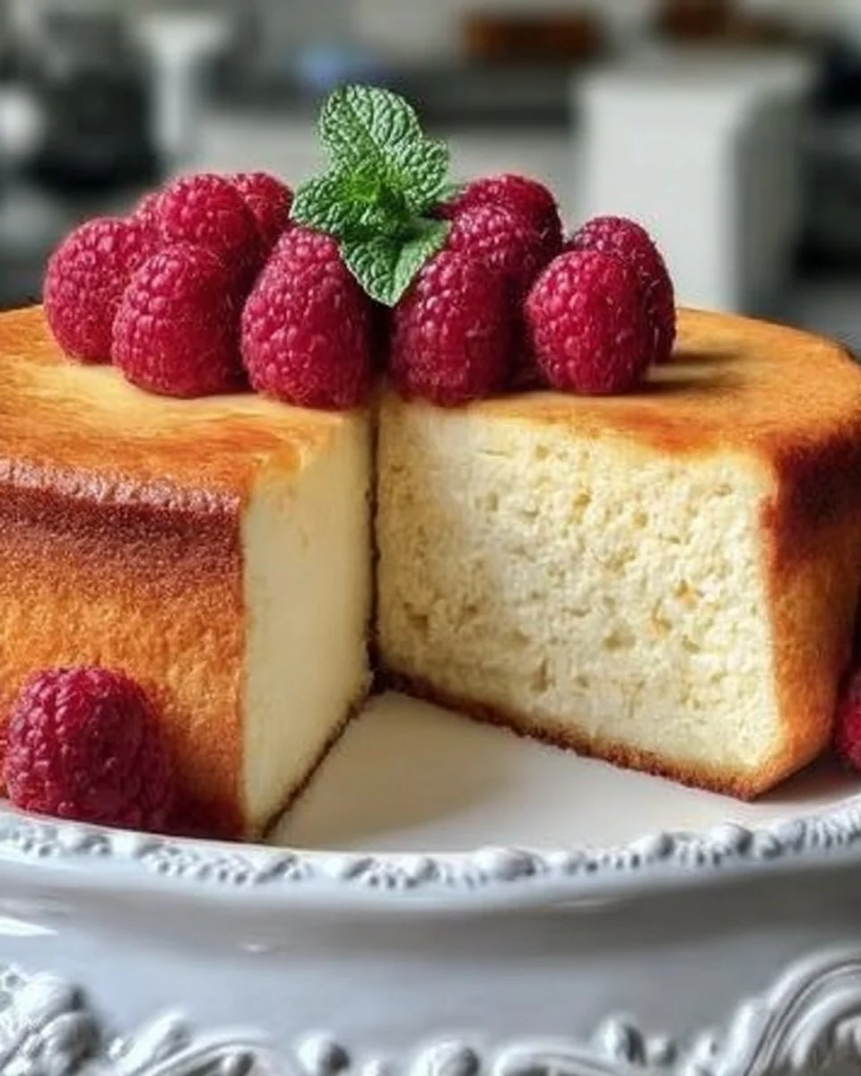 3-Ingredient Creamy Yogurt Cake ready to serve with fresh fruit on top