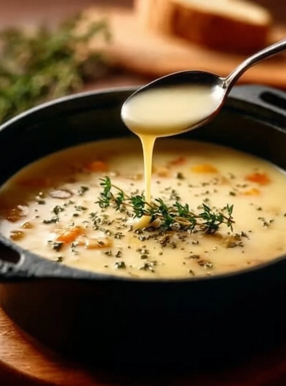 A comforting bowl of 3-Ingredient onion soup garnished with herbs