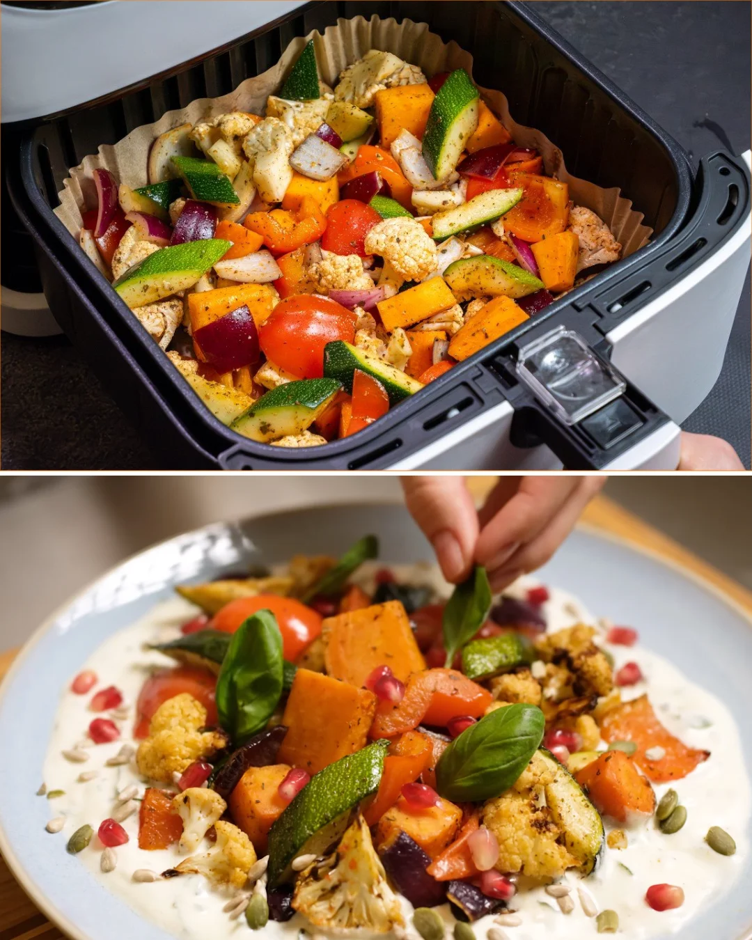 Air fryer roasted vegetables topped with garlic lemon yogurt sauce