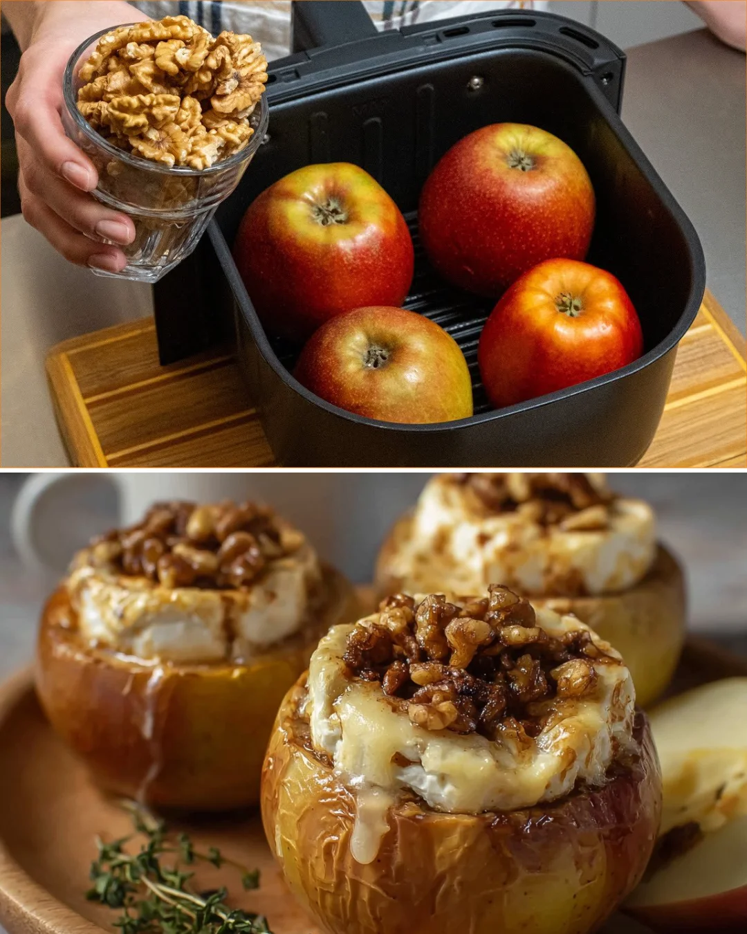 Air fryer stuffed apples with walnuts and melted camembert cheese