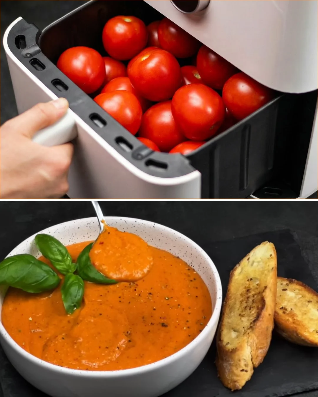 Delicious homemade air fryer tomato soup served in a bowl with fresh herbs