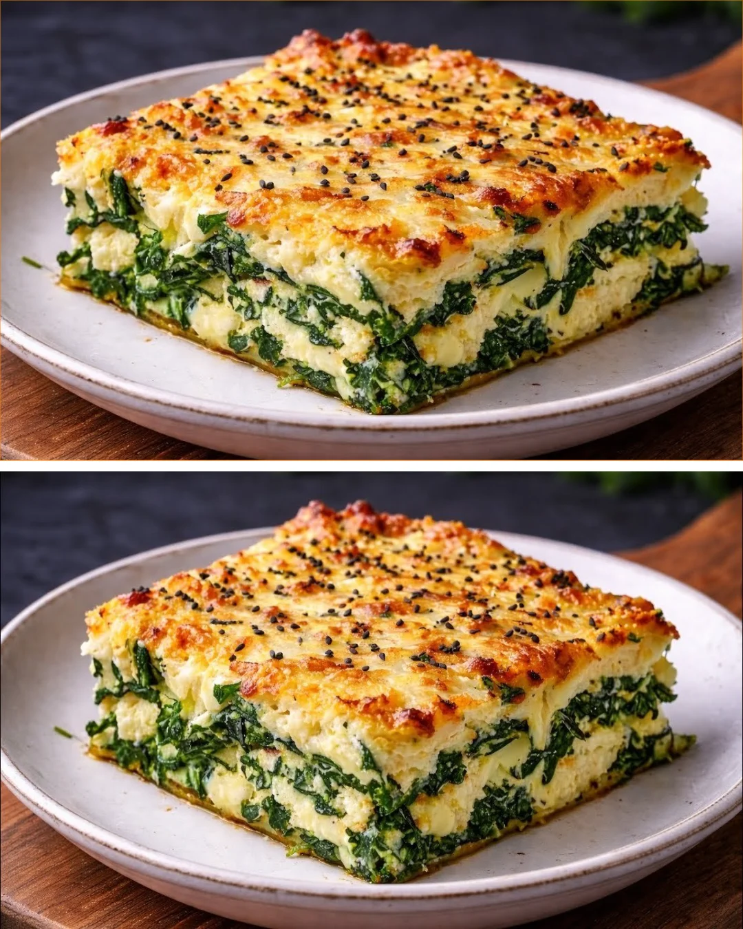 Baked spinach dish served in a white bowl with cheese topping