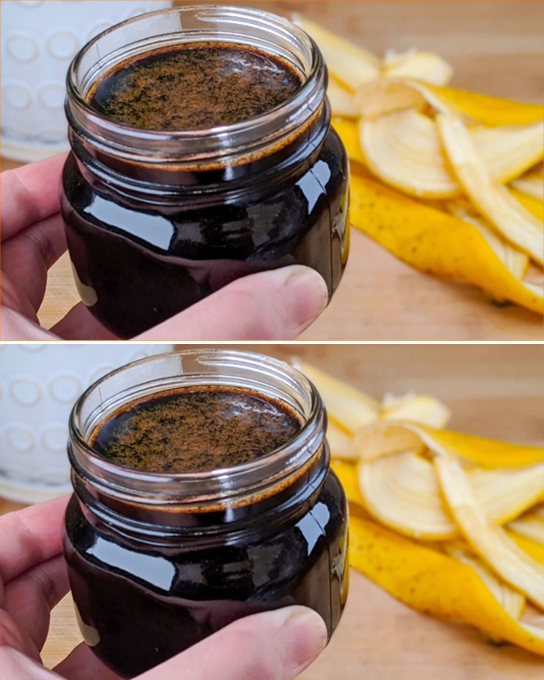 Banana peel honey in a jar with fresh bananas and honey drizzling over it.