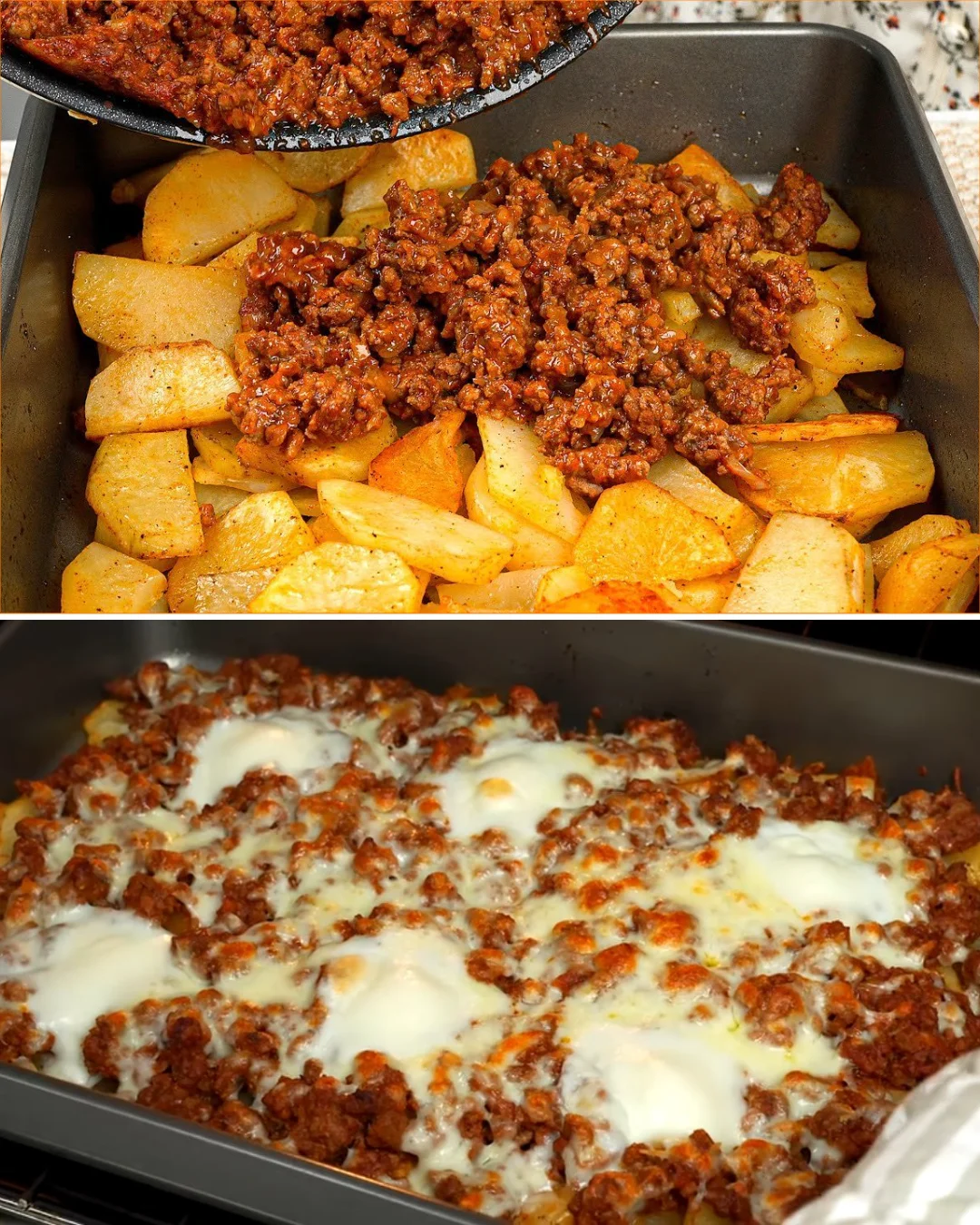 Beef and Potato Bake served with a fresh fennel salad on a rustic table